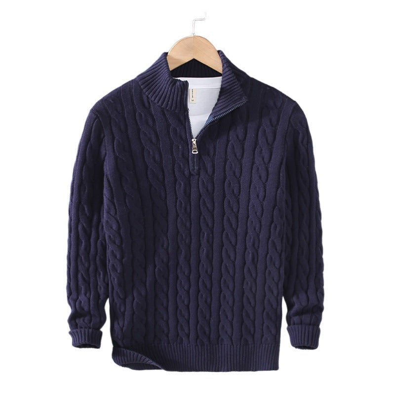Herren Zopfmuster-Halbzip-Pullover aus weicher Baumwollmischung mit Stehkragen Nord Taschen