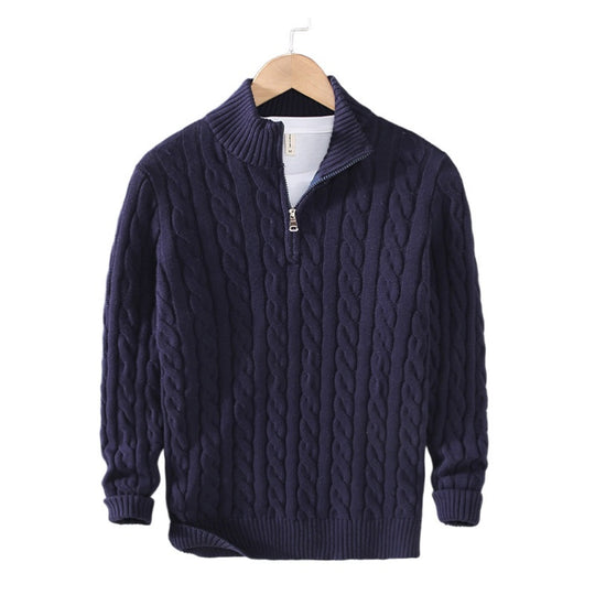 Herren Zopfmuster-Halbzip-Pullover aus weicher Baumwollmischung mit Stehkragen Nord Taschen