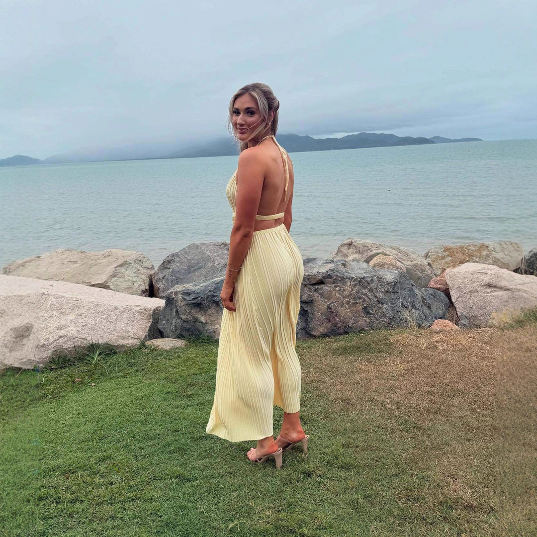 Damen Hochwertiges Plisseekleid mit Häkelkragen und Taillengürtel Nord Taschen
