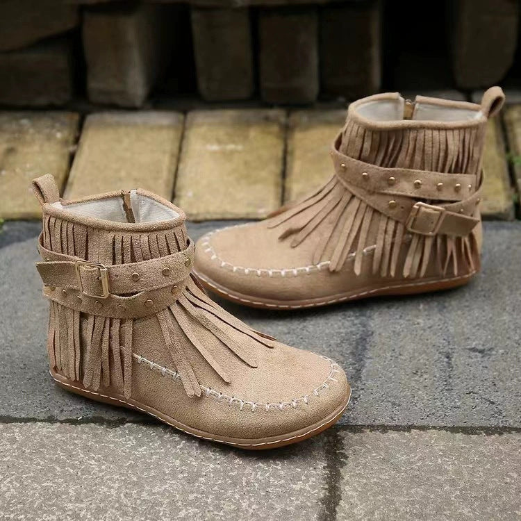 Damen Fransen-Boots im Mokassinstil mit Ziernähten, Schnallenriemen und seitlichem Reißverschluss Nord Taschen