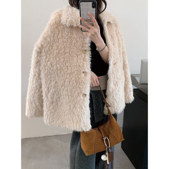 Damen Flauschiger Teddy-Mantel aus Kunstfell mit Hemdkragen und Boxy‑Silhouette Nord Taschen