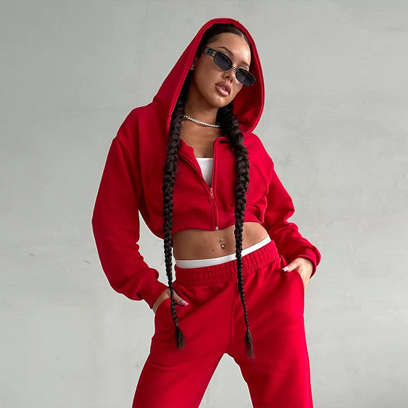 Damen moderner Cropped Hoodie und weite Jogginghose Set Nord Taschen