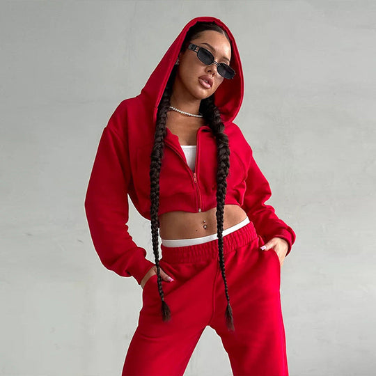 Damen moderner Cropped Hoodie und weite Jogginghose Set Nord Taschen