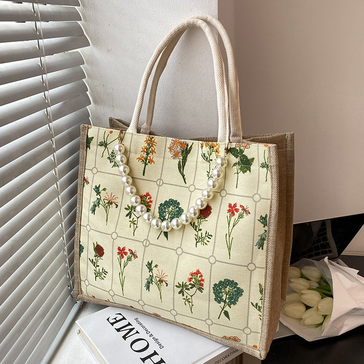 Damen Jute-Shopper Tasche mit floralem Stickmuster und stabilen Griffen Nord Taschen
