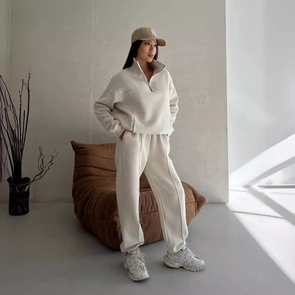 Damen Weiches Oversized Lounge-Set mit Troyer-Kragen, Eingrifftaschen und schmeichelhafter High-Waist Hose Nord Taschen