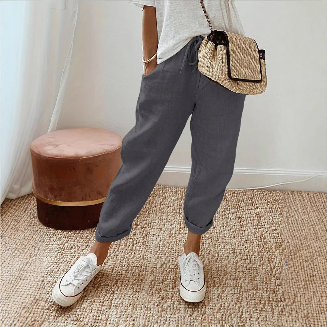Damen Lässige Leinen-Hose mit elastischem Bund und praktischen Taschen