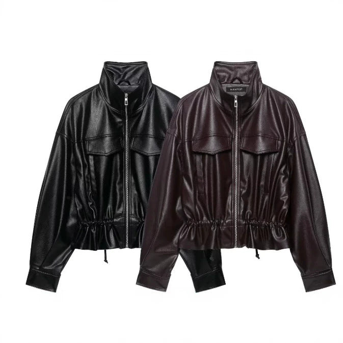 Damen Cropped Kunstleder‑Blouson mit Stehkragen, Pattentaschen und Tunnelzugtaillierung Nord Taschen