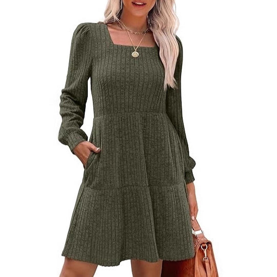 Damen Lässiges und elegantes Rippkleid mit langen Ärmeln Nord Taschen