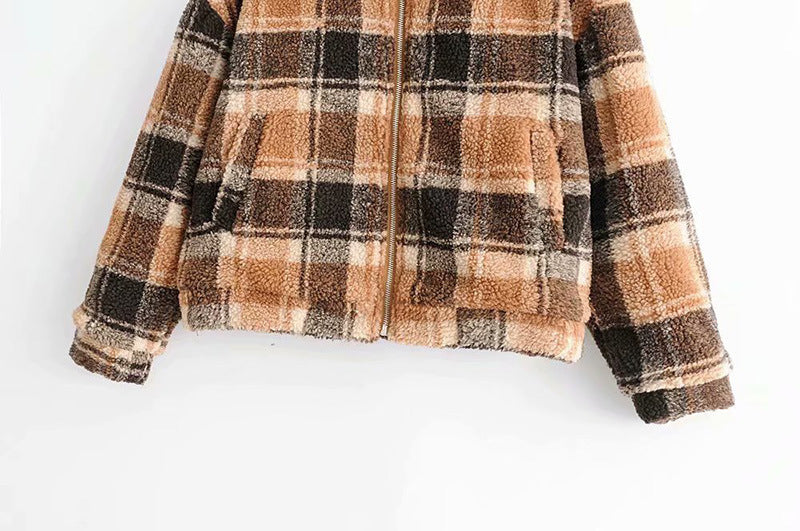 Damen Karierte Teddyjacke mit Reißverschluss, Oversize‑Schnitt und Kunstfellfutter Nord Taschen