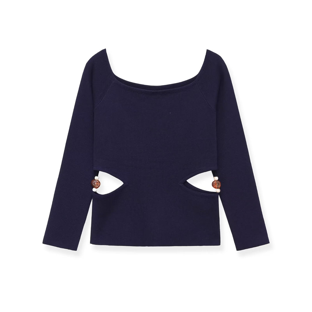 Damen Langarmshirt mit seitlichen Taillen-Aussparungen und Perlenbesatz Nord Taschen