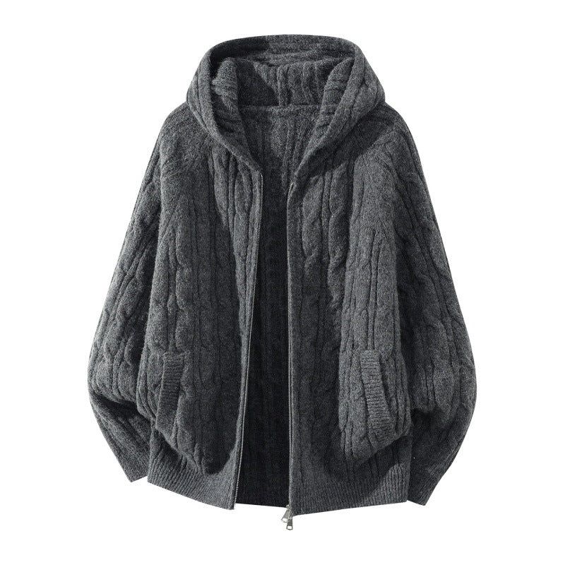 Damen Oversize Zopfstrick-Kapuzencardigan mit durchgehendem Reißverschluss und Ballonärmeln Nord Taschen