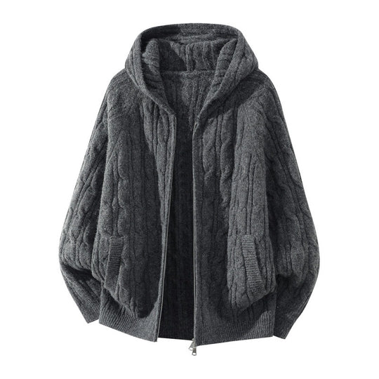 Damen Oversize Zopfstrick-Kapuzencardigan mit durchgehendem Reißverschluss und Ballonärmeln Nord Taschen