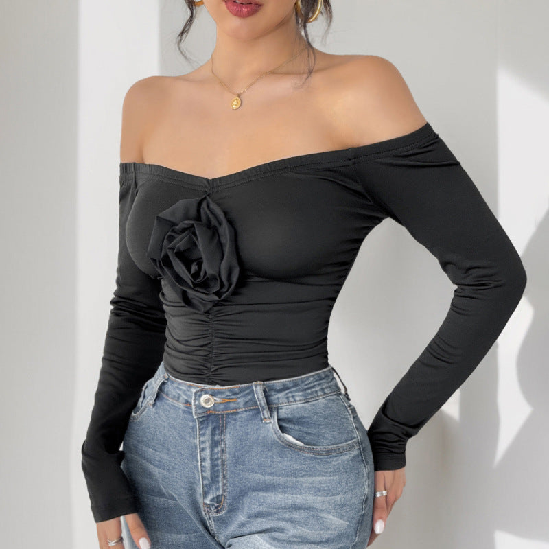 Damen Schulterfreies Longsleeve mit Rosenapplikation und taillierter Raffung Nord Taschen