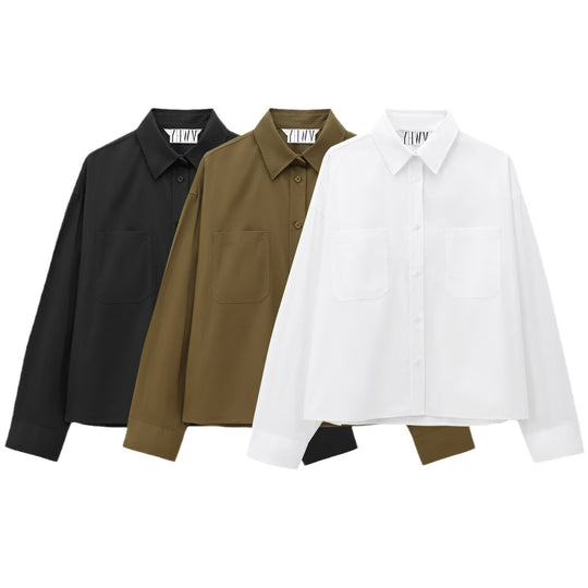 Damen Boxy-Cropped-Hemdjacke mit aufgesetzten Brusttaschen Nord Taschen