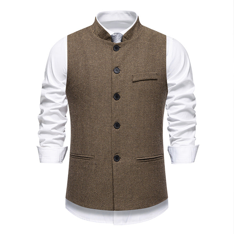 Herren elegante Weste mit Stehkragen und Fischgrätmuster aus Wollmix Nord Taschen