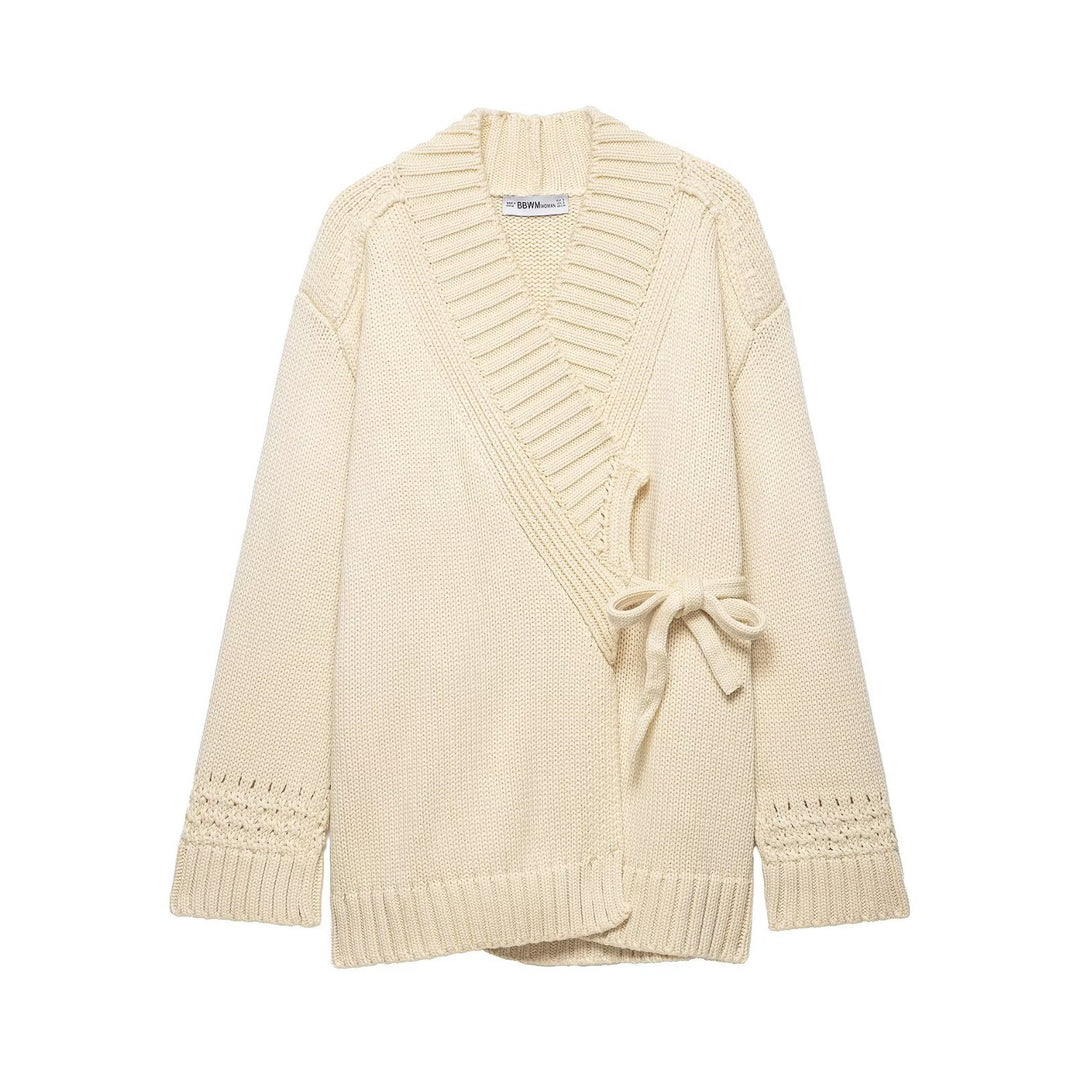 Damen Wickel-Strickcardigan mit Schalkragen und Bindegürtel Nord Taschen