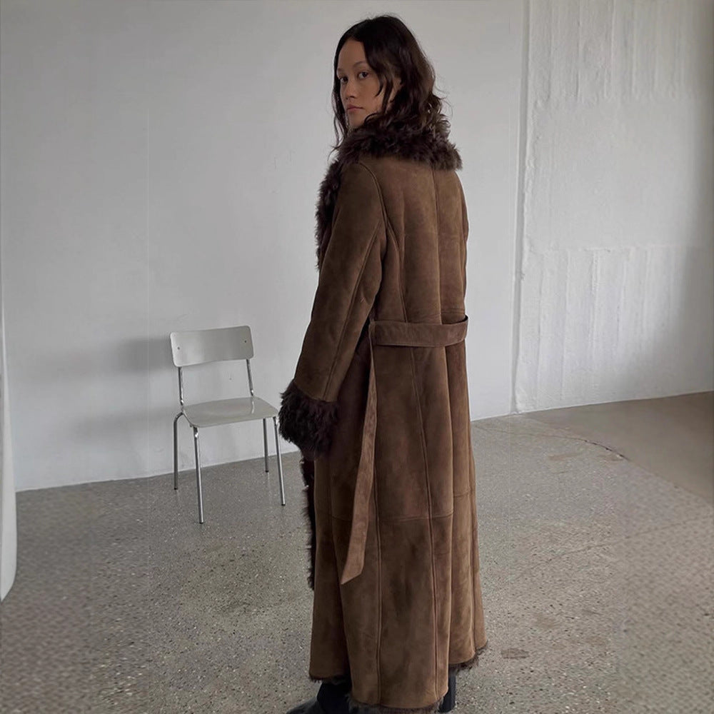 Damen Maxilanger Kunstvelours-Mantel im Shearling-Stil mit Schalkragen und Knopfleiste Nord Taschen