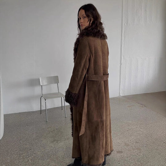 Damen Maxilanger Kunstvelours-Mantel im Shearling-Stil mit Schalkragen und Knopfleiste Nord Taschen