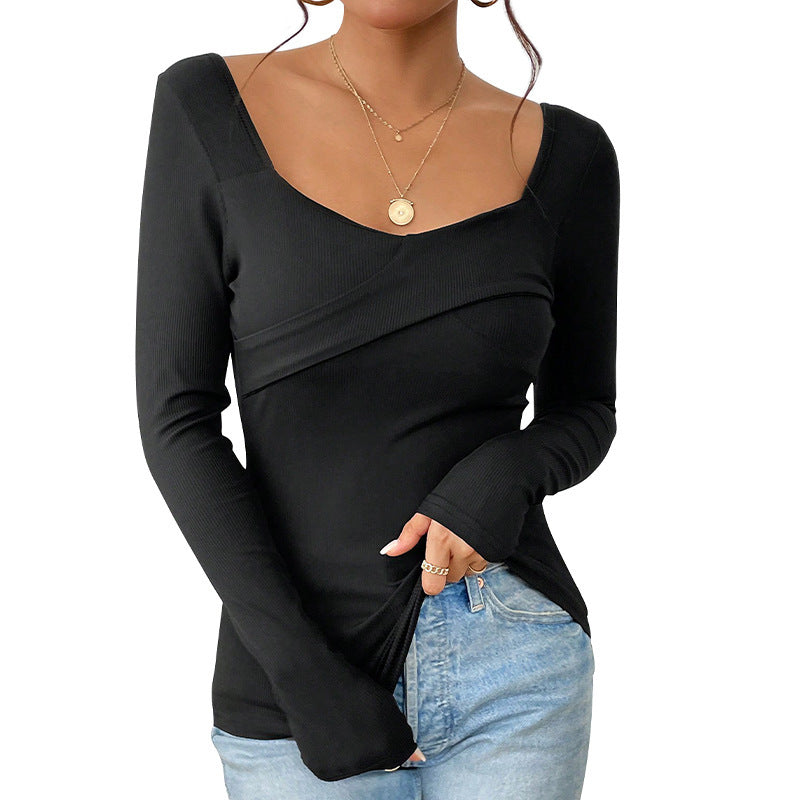 Damen Tailliertes Rippshirt mit quadratischem Dekolleté und Überlappungsdetail Nord Taschen
