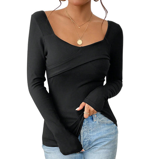 Damen Tailliertes Rippshirt mit quadratischem Dekolleté und Überlappungsdetail Nord Taschen