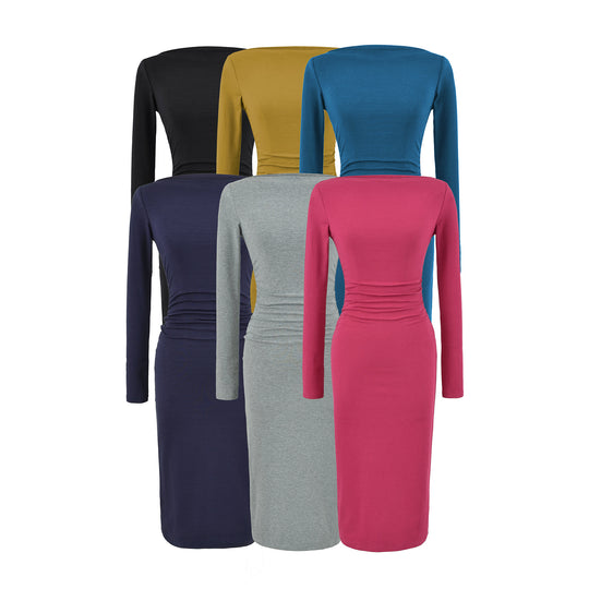 Damen Figurbetontes Midikleid mit Raffung und U-Boot-Ausschnitt Nord Taschen