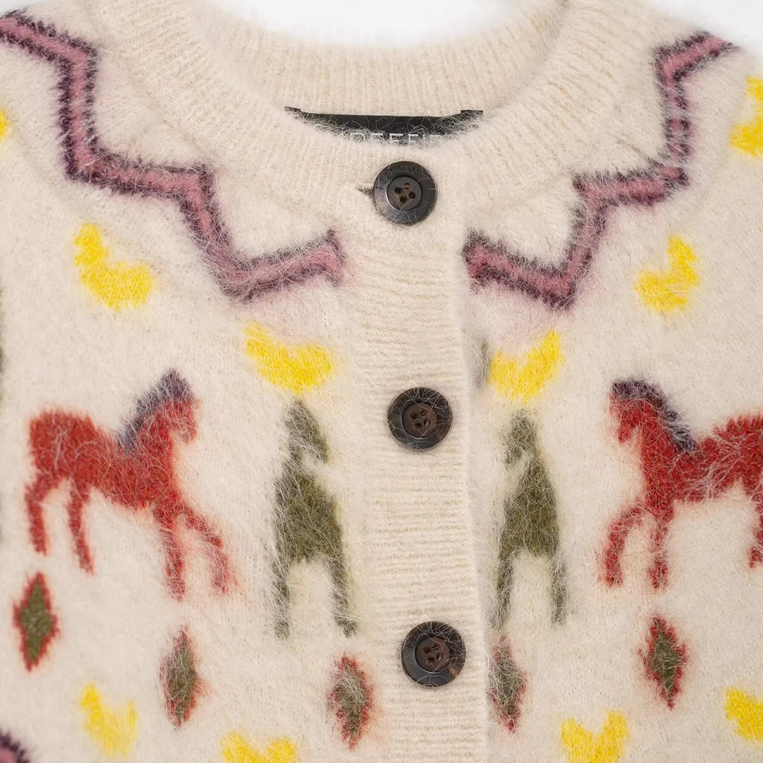 Damen Strickcardigan mit Norwegermuster und Pferde-Motiv, Zopfmuster und Knopfleiste Nord Taschen