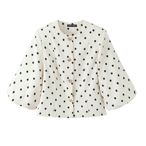 Damen Taillierte Polka‑Dot Blusenjacke mit Volumenärmeln und goldenen Schmuckknöpfen Nord Taschen