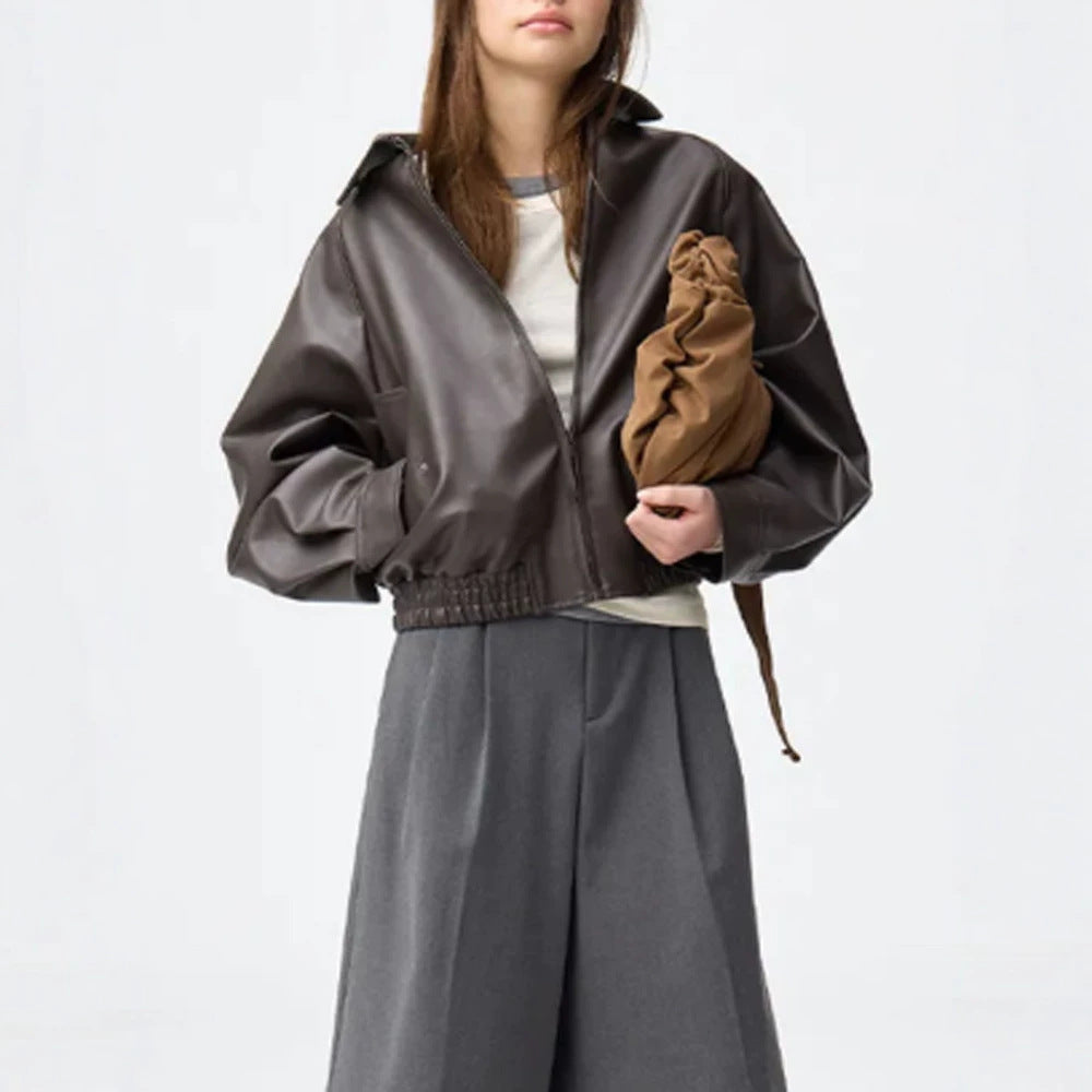 Damen Boxy-Cropped Kunstlederjacke mit verdecktem Reißverschluss und elastischem Saum Nord Taschen