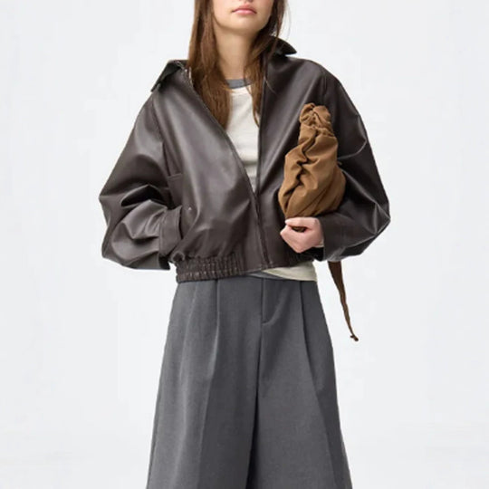 Damen Boxy-Cropped Kunstlederjacke mit verdecktem Reißverschluss und elastischem Saum Nord Taschen