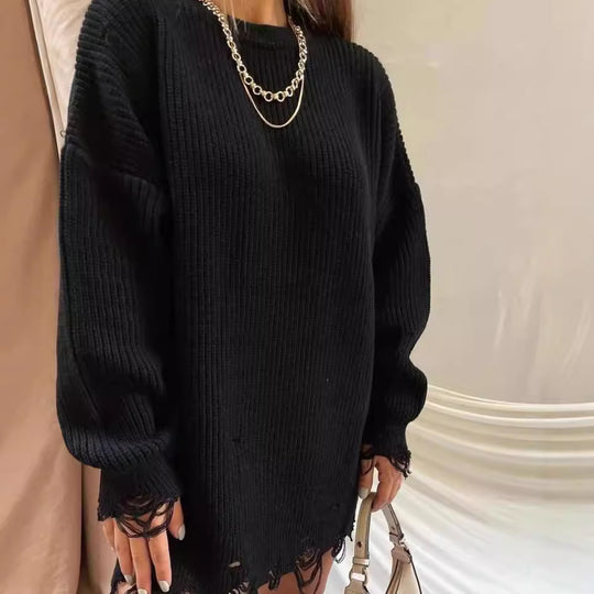 Damen Oversized Strickkleid mit Destroyed-Saum und Ballonärmeln Nord Taschen