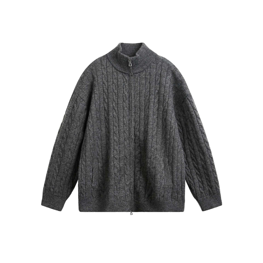 Unisex Grobstrick-Pullover mit Zopfmuster, hohem Stehkragen und Zwei-Wege-Reißverschluss Nord Taschen