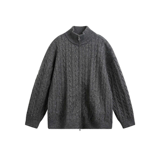 Unisex Grobstrick-Pullover mit Zopfmuster, hohem Stehkragen und Zwei-Wege-Reißverschluss Nord Taschen