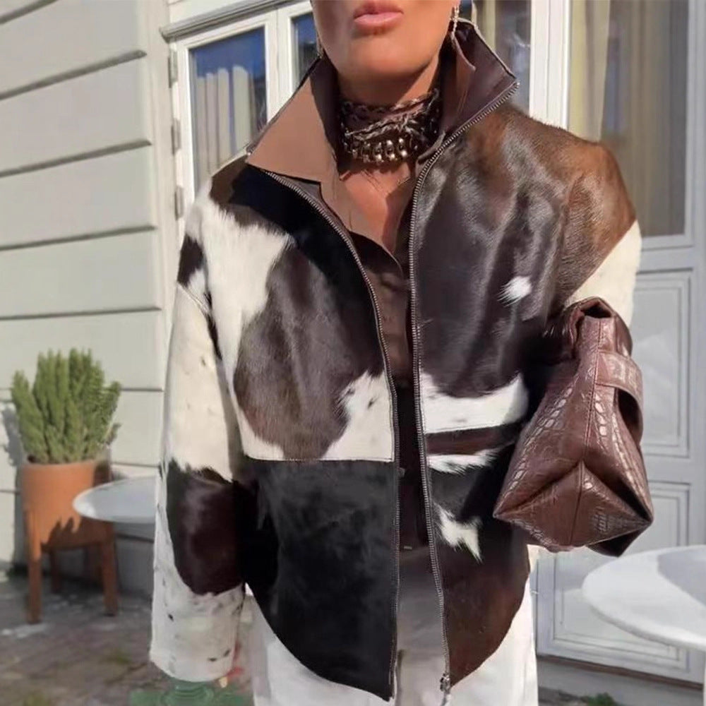 Damen Kurzjacke aus Haarigem Kunstfell mit Patchwork‑Optik und hohem Stehkragen Nord Taschen