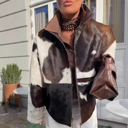 Damen Kurzjacke aus Haarigem Kunstfell mit Patchwork‑Optik und hohem Stehkragen Nord Taschen