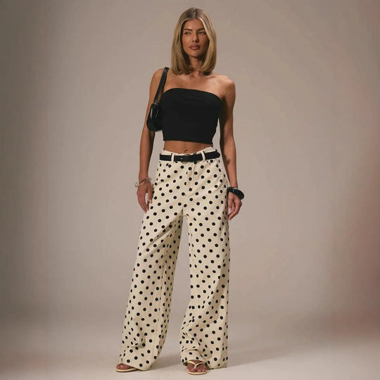 Damen weite Polka-Dot Palazzo-Hosen mit high-waist Schnitt