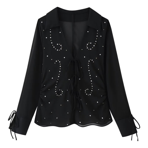 Damen Chiffon-Bluse mit Pailettenbesatz, tiefem V‑Ausschnitt und Bindeband Nord Taschen