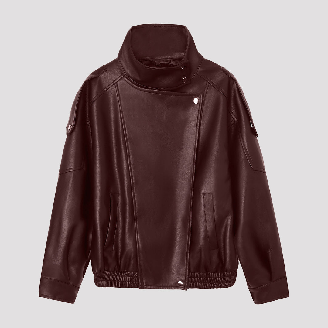 Damen Oversize-Kunstlederjacke mit hohem Stehkragen und asymmetrischer Blende Nord Taschen