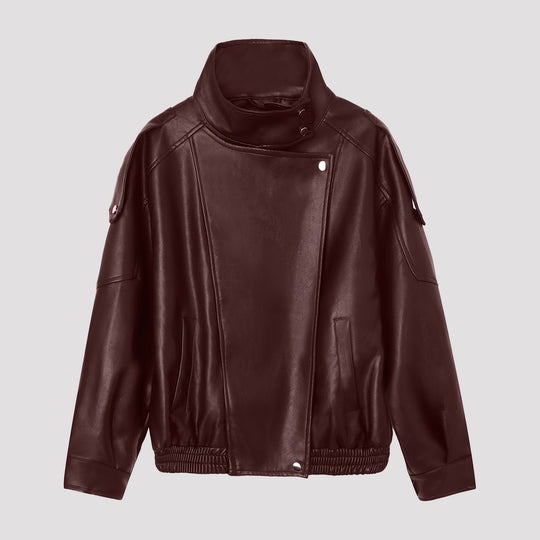 Damen Oversize-Kunstlederjacke mit hohem Stehkragen und asymmetrischer Blende Nord Taschen