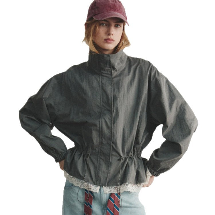 Damen Oversize-Windjacke mit hohem Stehkragen, Tunnelzug-Taille und elastischen Bündchen Nord Taschen
