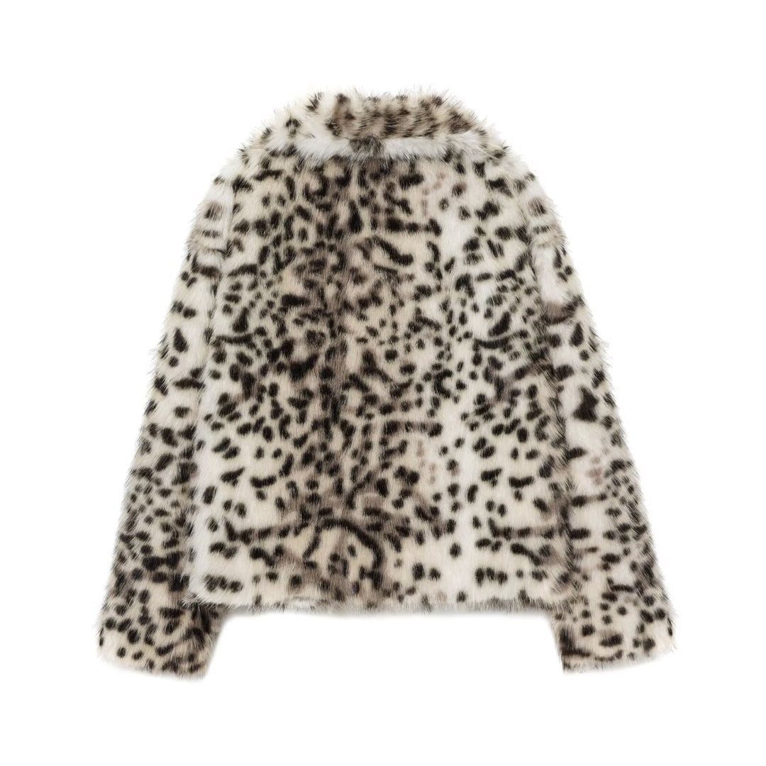Damen Kurzjacke aus Kunstfell mit Leopard-Print und voluminösem Schalkragen Nord Taschen