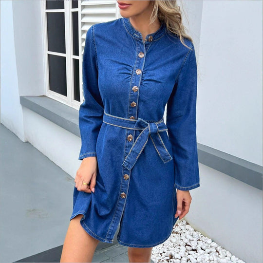 Damen Tailliertes Denim-Kleid mit Knopfleiste und Bindegürtel Nord Taschen
