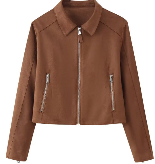 Damen Cropped Jacke aus Velourslederoptik mit Hemdkragen und zwei Reißverschlusstaschen Nord Taschen