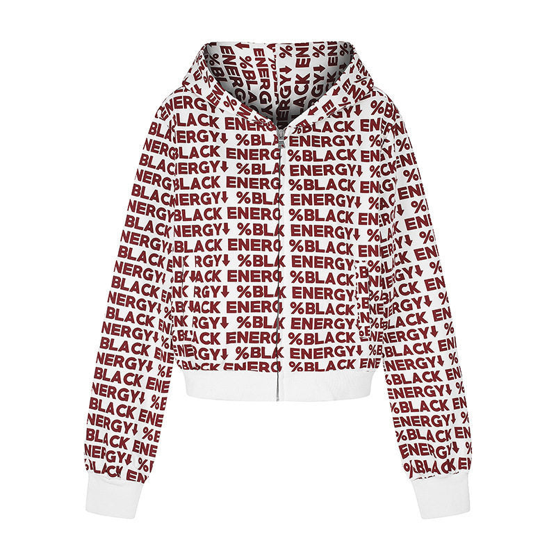 Damen kurze Zip-Kapuzenjacke mit Allover-Logoprint und elastischem Rippenbund Nord Taschen