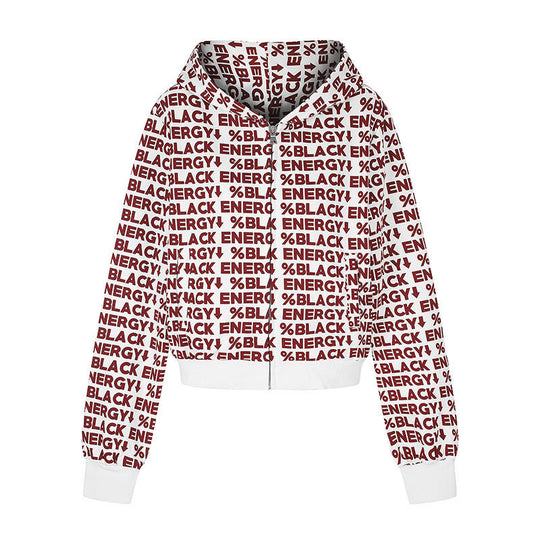Damen kurze Zip-Kapuzenjacke mit Allover-Logoprint und elastischem Rippenbund Nord Taschen