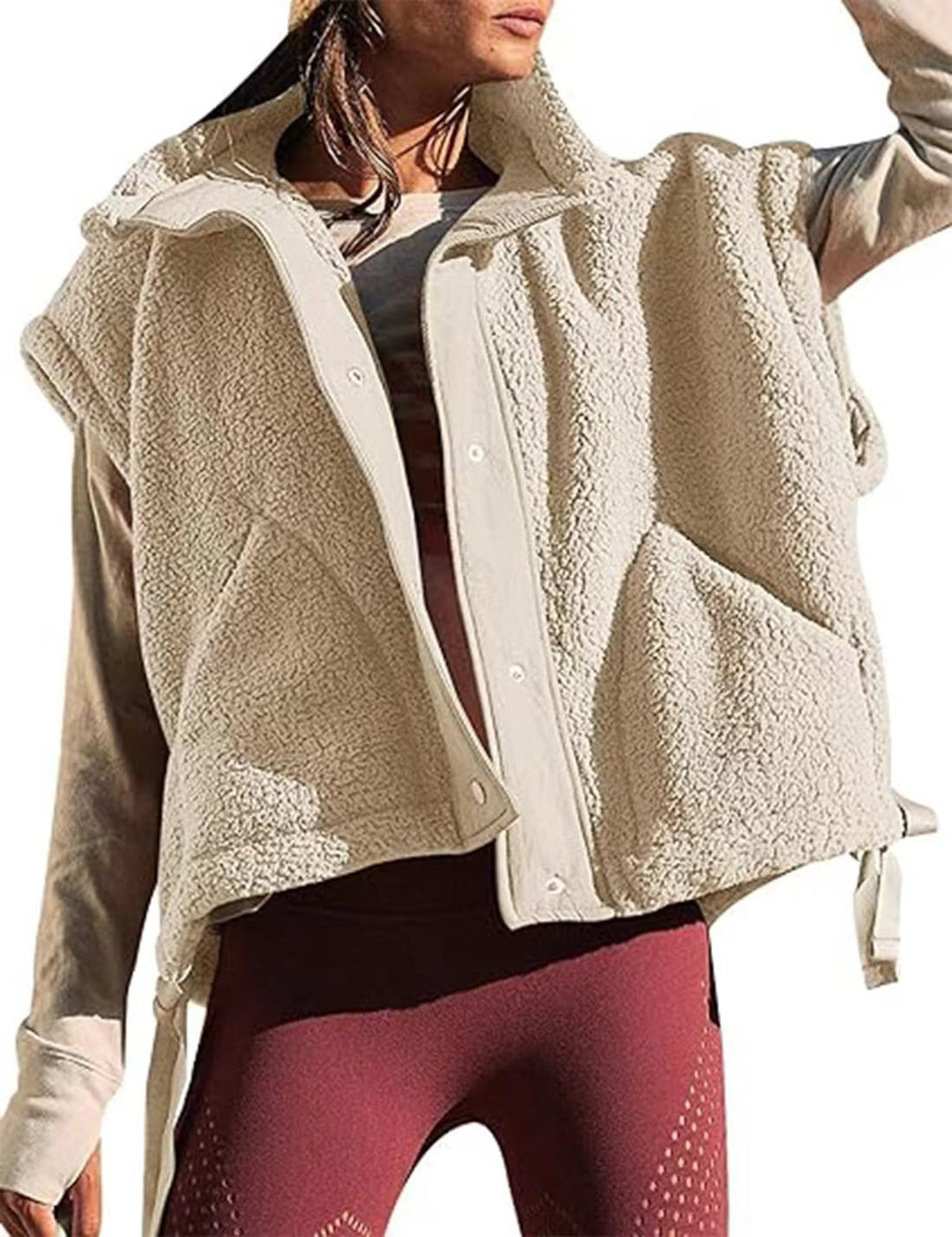 Damen Übergroße Teddyfleece-Weste mit Kapuze und Druckknöpfen Nord Taschen