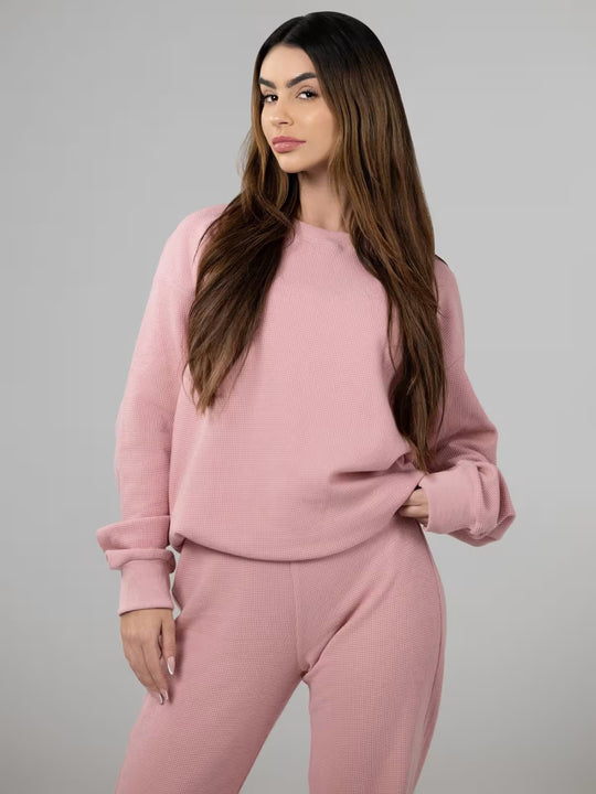 Damen geräumiges Waffelstrick-Loungewear-Set mit Rundhalsausschnitt und Tunnelzughose Nord Taschen