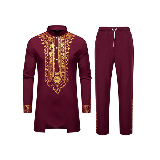 Herren Traditionelles Langarm-Kurta-Set mit Stehkragen, goldfarbenem Ornamentdruck und Tunnelzughose Nord Taschen
