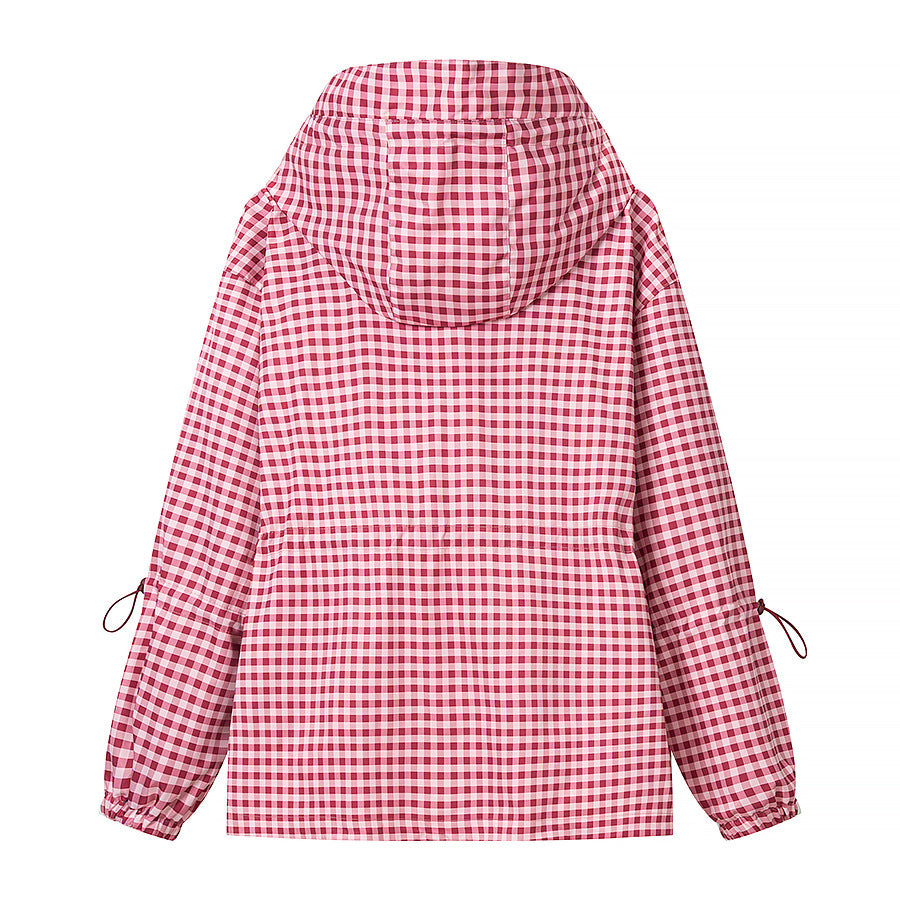 Damen Leichte Kapuzen-Outdoorjacke im Vichy-Karo mit Tunnelzugtaillierung Nord Taschen