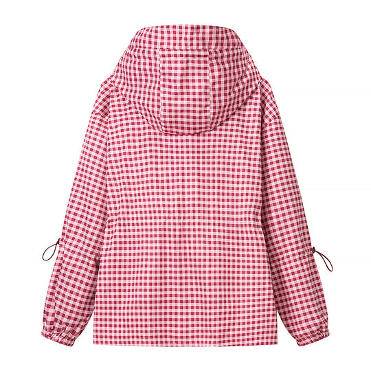 Damen Leichte Kapuzen-Outdoorjacke im Vichy-Karo mit Tunnelzugtaillierung Nord Taschen