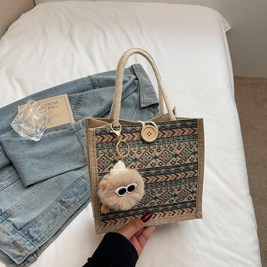 Damen Jute-Tragetasche mit dekorativem Ethno-Muster Nord Taschen